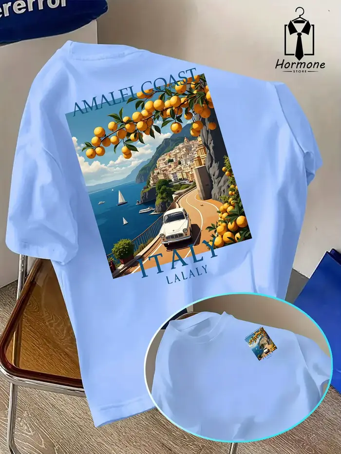 T-shirt ample pour homme, style italien, motif Côte Amalfi, idéal pour un usage quotidien décontract
