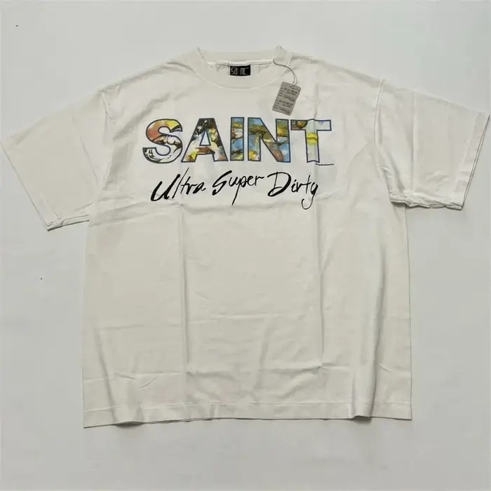 T-shirt surdimensionné noir délavé SAINT MICHAEL pour hommes et femmes, impression de portrait de la