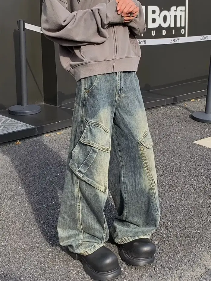2025 Trashy Y2K Streetwear Vintage Bleu Baggy Cargo Jeans Pantalon Pour Hommes Vêtements Droit En Dé