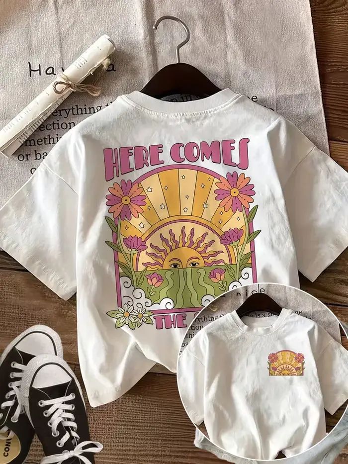 T-shirt Here Comes The Sun, T-shirt graphique floral bohème - Haut d'été hippie des années 70, impri