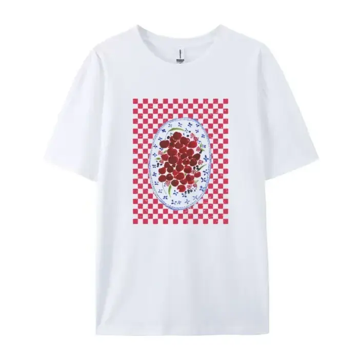 Trendy Female Retro Aesthetic Cherry Print T-shirt Summer Ins Cute Fruit Cotton Loose Women Fashion 