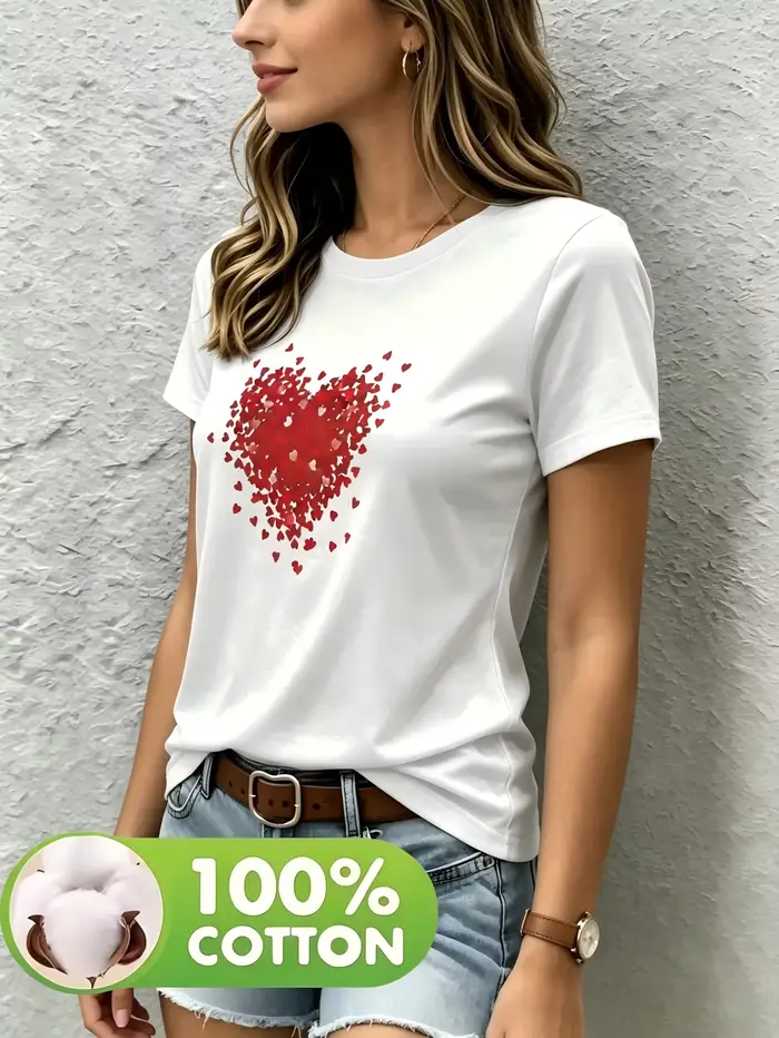 T-shirt à col rond imprimé de couleur unie pour femme