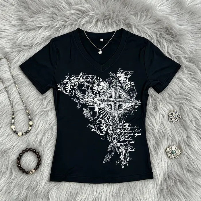 T-shirt imprimé style Y2K pour fille Emo, esthétique streetwear rétro gothique, manches courtes, mot