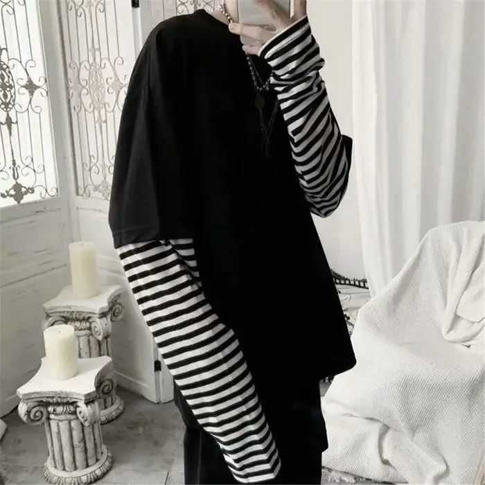 Cool rayé Patchwork T-Shirt hommes automne surdimensionné hauts garçons solide à manches longues T-S