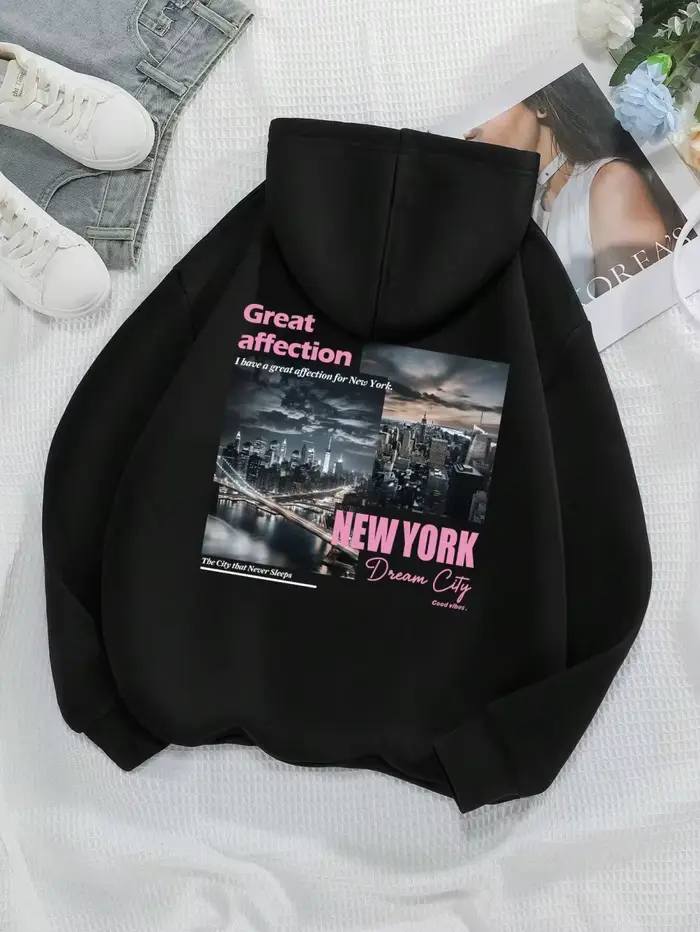 ReplCity-Sweats à capuche College décontractés pour femmes, sweat-shirt de poche chaud, vêtements de rue surdimensionnés, pull sportif, New York, sourire, mode