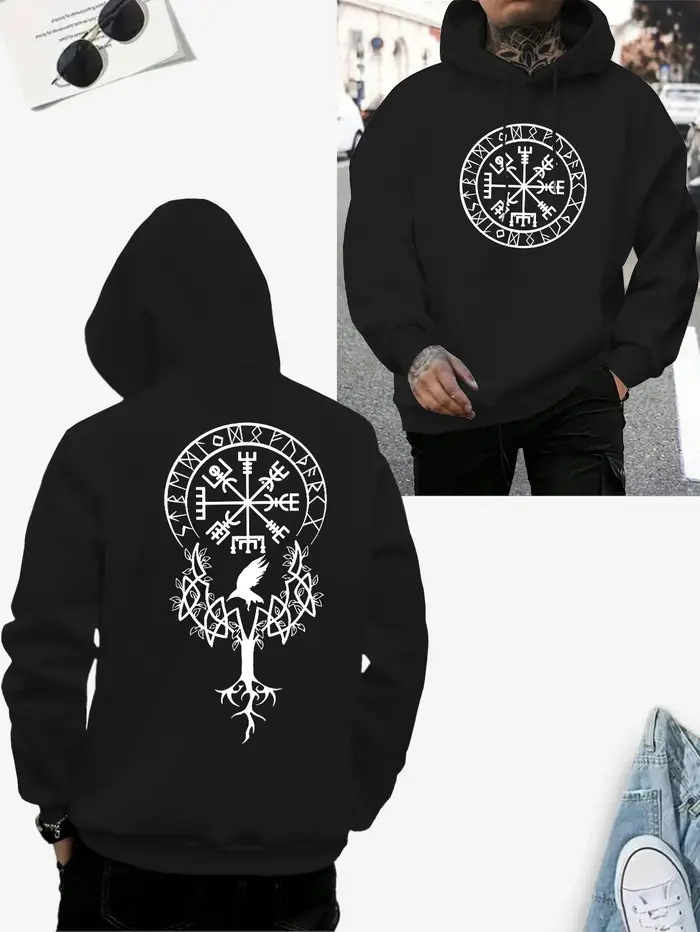 Sweat à capuche noir avec runes Viking et arbre imprimé Yggdrasil Life - Streetwear mythique nordiqu