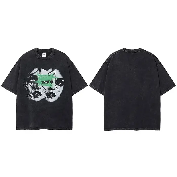 Hommes Hip Hop Streetwear T-Shirt lavé noir déchiré rétro Vintage Double visages graphique T-Shirt n