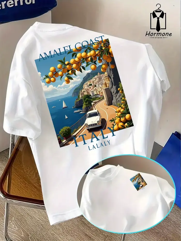T-shirt ample pour homme, style italien, motif Côte Amalfi, été 2026, idéal pour un usage quotidien 