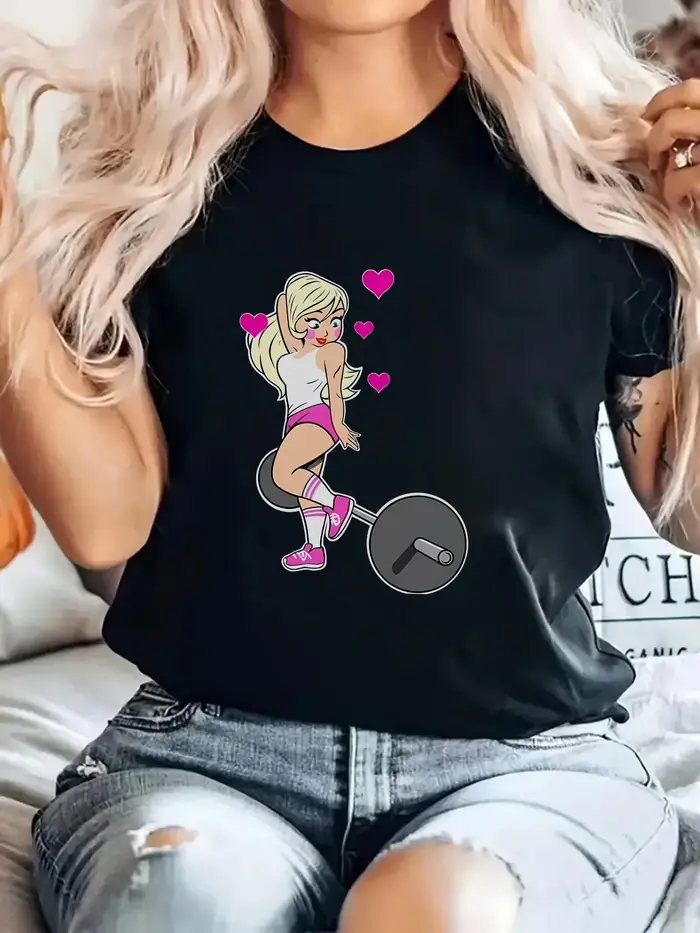 T-shirt de fitness pour femmes avec imprimé graphique, col rond respirant, design de personnage de d