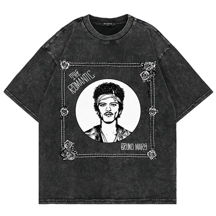 T-shirt 100% coton vintage lavé Bruno Mars The Romantic Tour 2026 Mode Homme/Femme Rétro Surdimensionné Décontracté