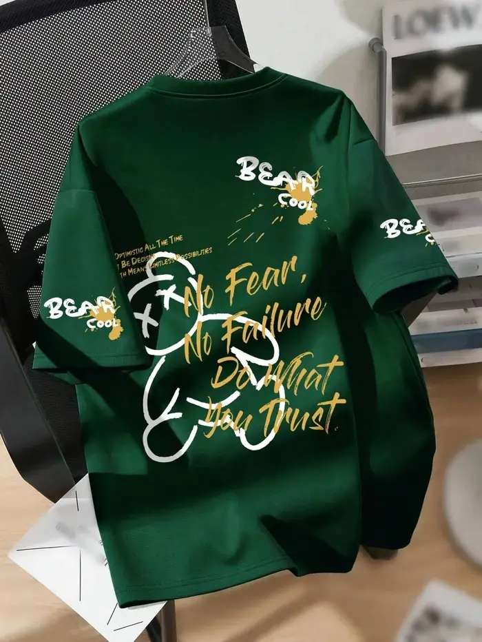 T-shirt d'été respirant pour homme à col rond avec imprimé ours de dessin animé