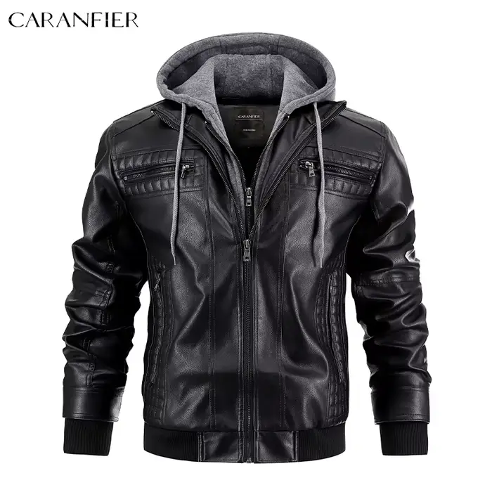 CARANFIER hommes veste en cuir PU mâle Moto Biker à capuche manteaux de luxe vêtements Faux Vintage 