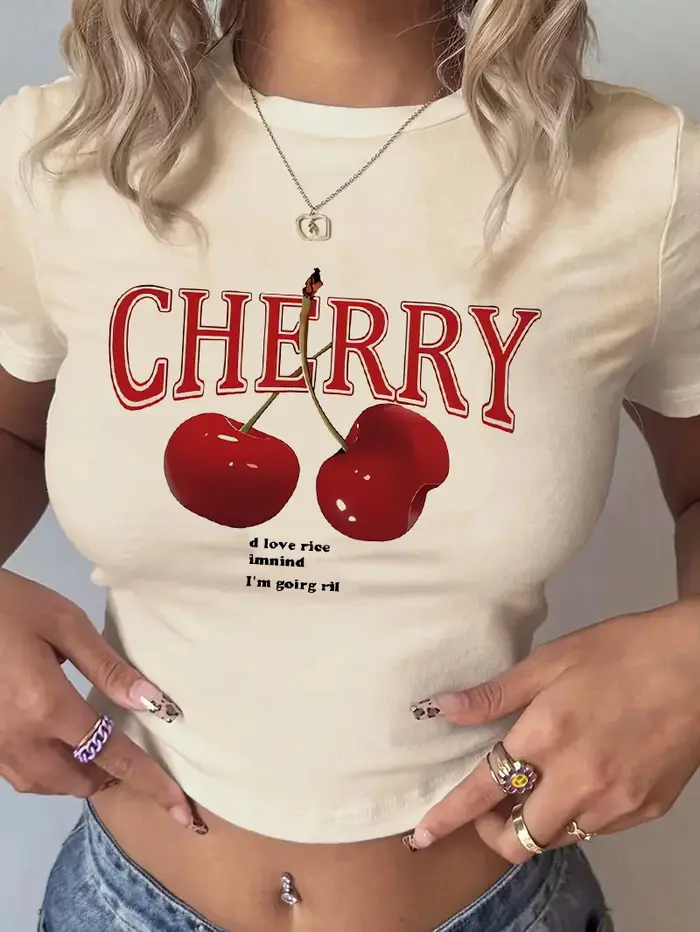 T-shirt col rond imprimé cerise Y2K
