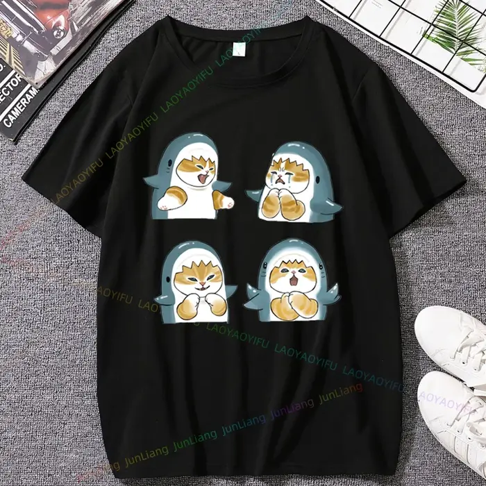 T-shirt unisexe imprimé chat et requin Kawaii pour hommes et femmes