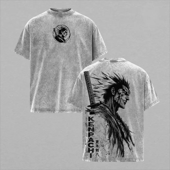 Zaraki Kenpachi BLEACH Anime T-shirt Vintage en Coton Lavé pour Homme