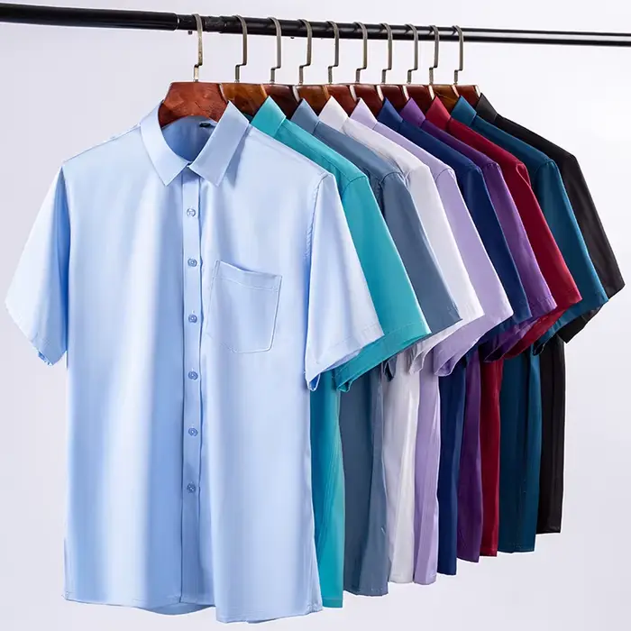 Nouveau Anti-rides hommes chemises manches courtes chemises habillées pour hommes coupe ajustée Cami