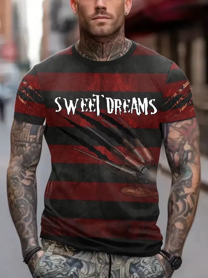T-Shirt rayé rouge pour hommes, Slogan imprimé, haut à manches courtes, décontracté, Streetwear, à l