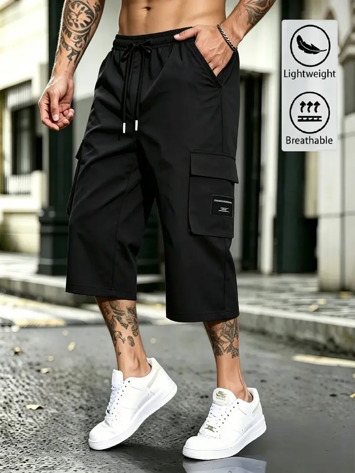 Pantalon cargo capri streetwear pour homme, taille élastique avec cordon de serrage, poches cargo 3D