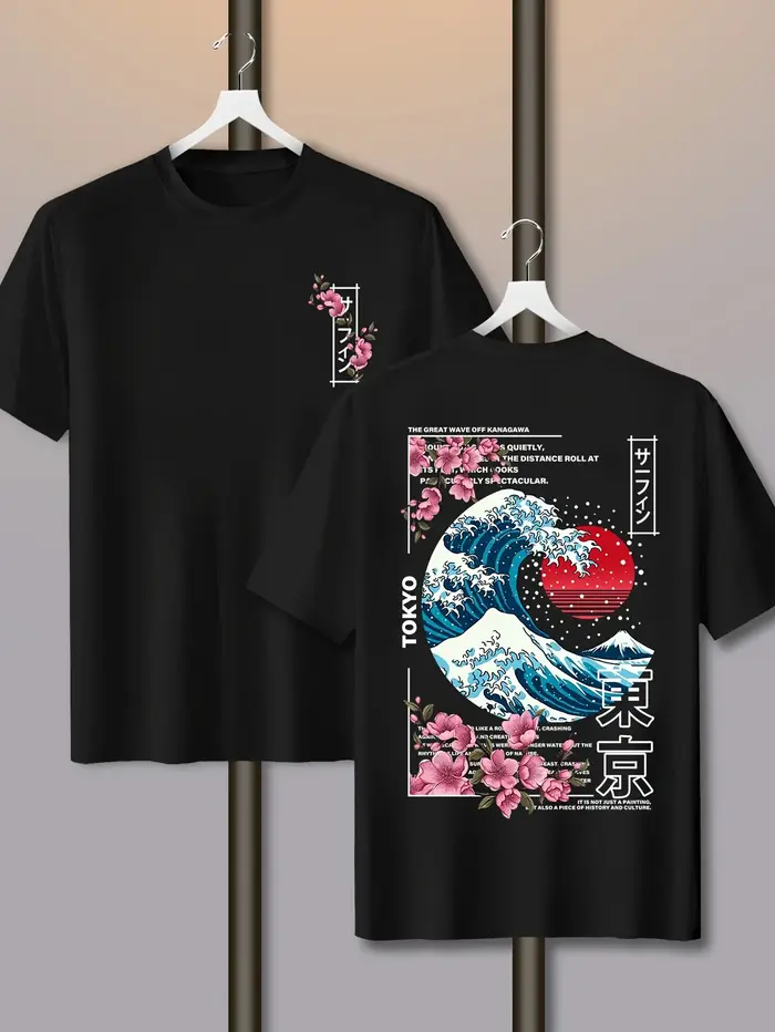 Homme décontracté Tokyo île coucher de soleil vague imprimé 100% coton T-shirt à manches courtes été respirant rue tendance ample confortable