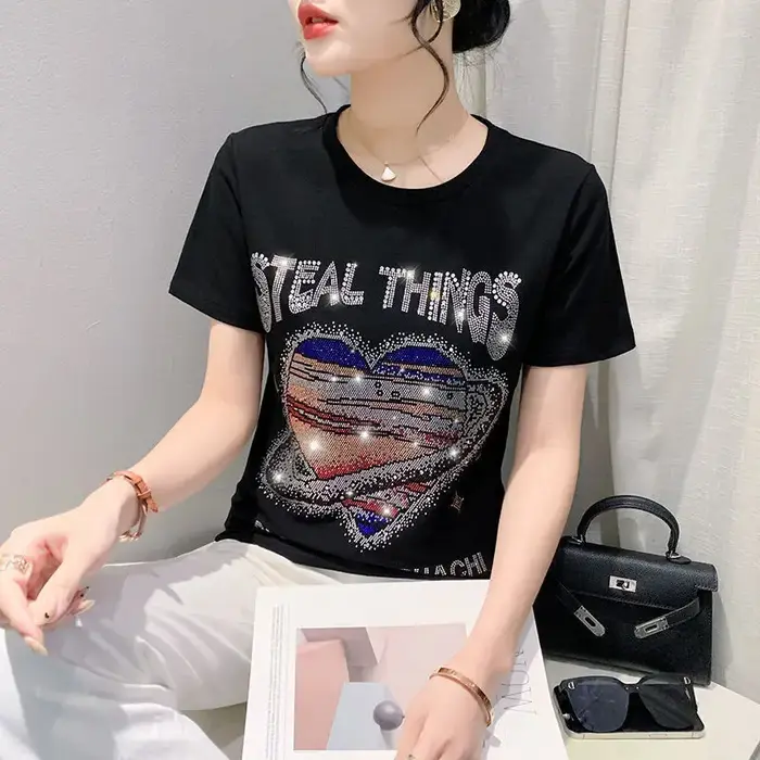 T-shirt à manches courtes en pur coton pour femmes, joli diamant de repassage, haut ample, Slim et à