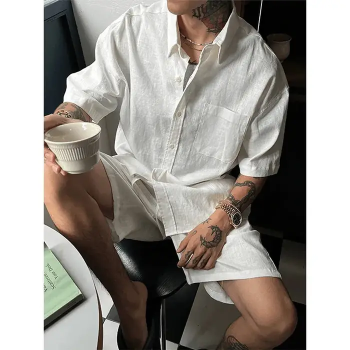 Ensemble décontracté en lin pour homme, chemise à manches courtes et short, tenue complète pour l'ét