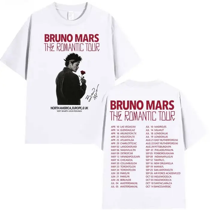 T-shirt Bruno Mars The Romantic Tour pour hommes et femmes, vêtements streetwear hip-hop, hauts en c