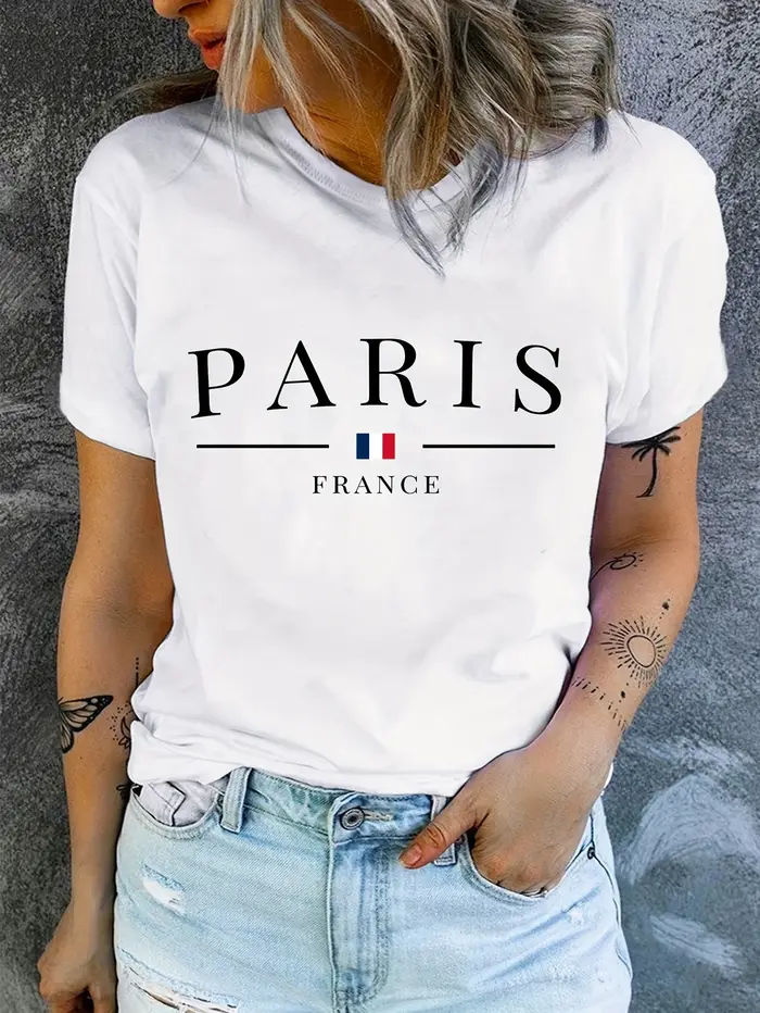 PARIS France T-shirt décontracté à col rond - Motif géométrique Longueur régulière Vêtements d'été D