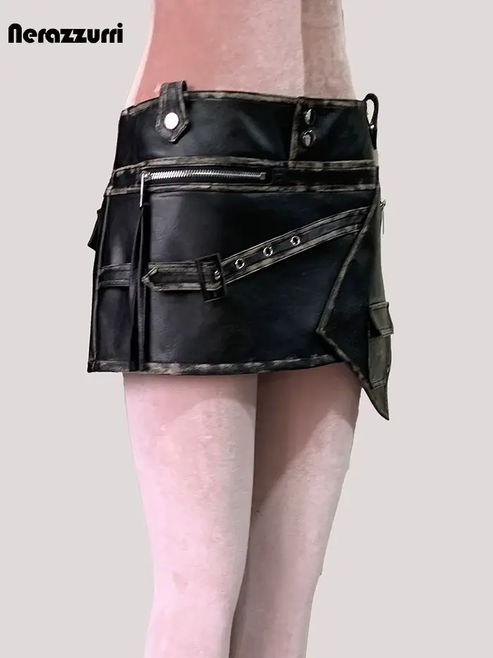 Mauroicardi été Cool en détresse noir Faux cuir Mini jupe asymétrique femme taille haute courte luxe concepteur Emo vêtements