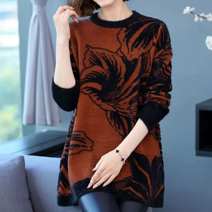 Pulls mi-longs floraux floqués pour femmes, pulls optiques chauds, fixation en résine, col rond, vêt