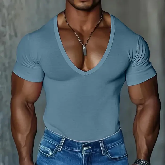 Vintage col en V t-shirts pour hommes été à la mode coupe ajustée Stretch à manches courtes T-shirt 