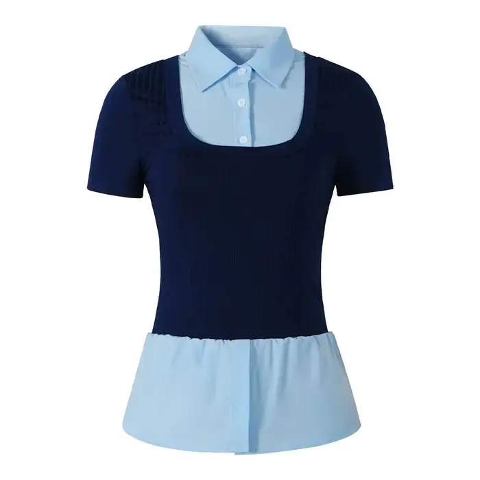 T-shirt pour femme Printemps-Été Bleu marine et bleu clair à contraste avec ourlet à volants, pour l