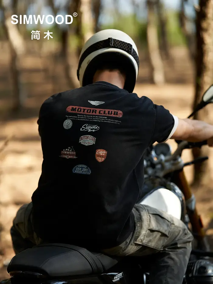 SIMWOOD 2026 Nouveauté Été T-shirts Moto Vintage Lavés Imprimés Logo Homme Grande Taille Hauts de Qualité Supérieure Streetwear