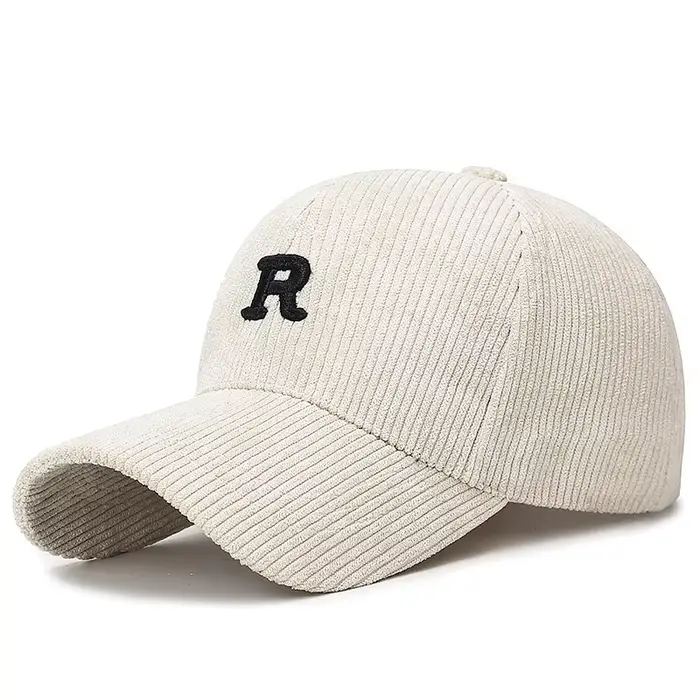 Casquette de baseball en velours côtelé avec lettre 'R' brodée en 3D, couleur unie, chapeau structur