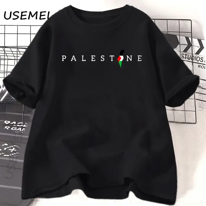 Drapeau palestinien imprimé t-shirt coton à manches courtes col rond t-shirts femme homme été ample 