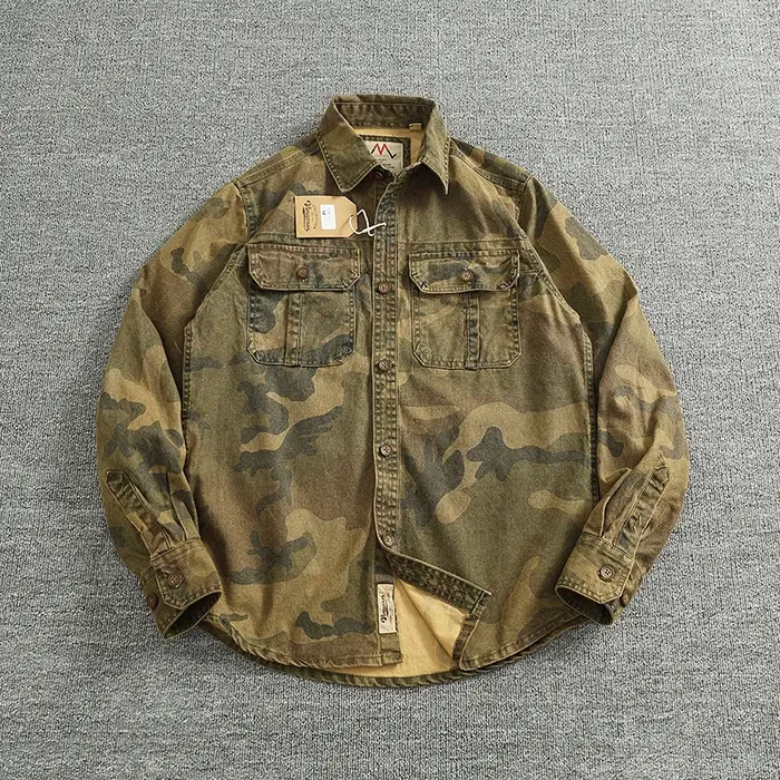 Chemise camouflage décontractée en coton pour hommes, chemise à manches longues, manteau rétro, vête