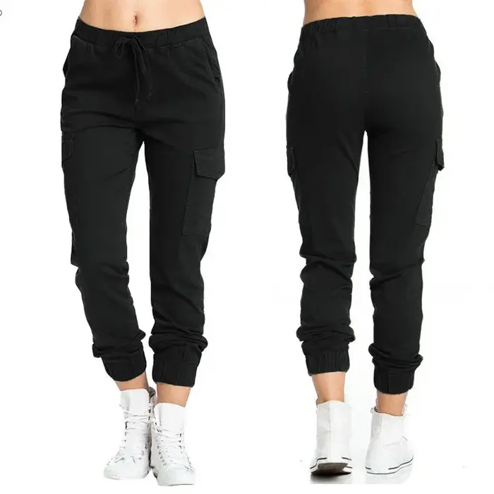 Nouveau pantalon cargo jogger uni pour femme, multi-poches, cordon de serrage, taille élastique, pan