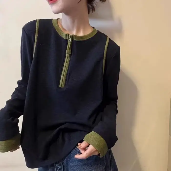 Femmes vêtements nouveau haute rue contraste Patchwork t-shirts à manches longues fermeture éclair décontracté hauts
