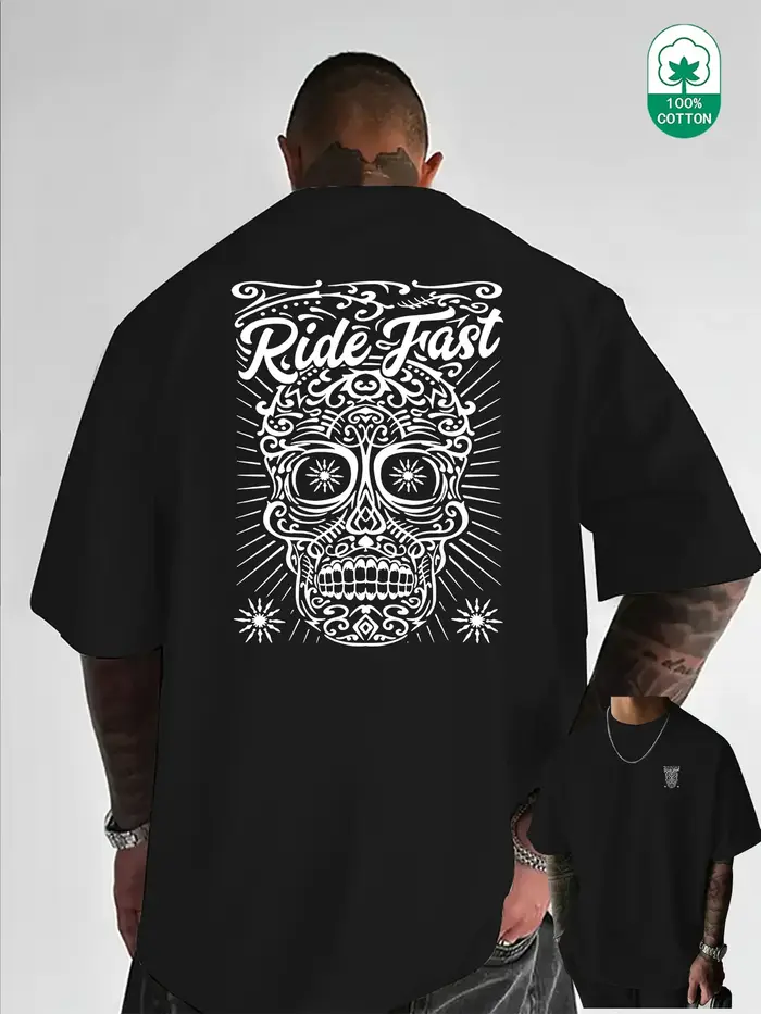 T-shirt Homme Oversize à Motif Crâne 100% Coton Grande Taille Style Urbain Rétro Tatouage Décontracté Respirant Manches Courtes