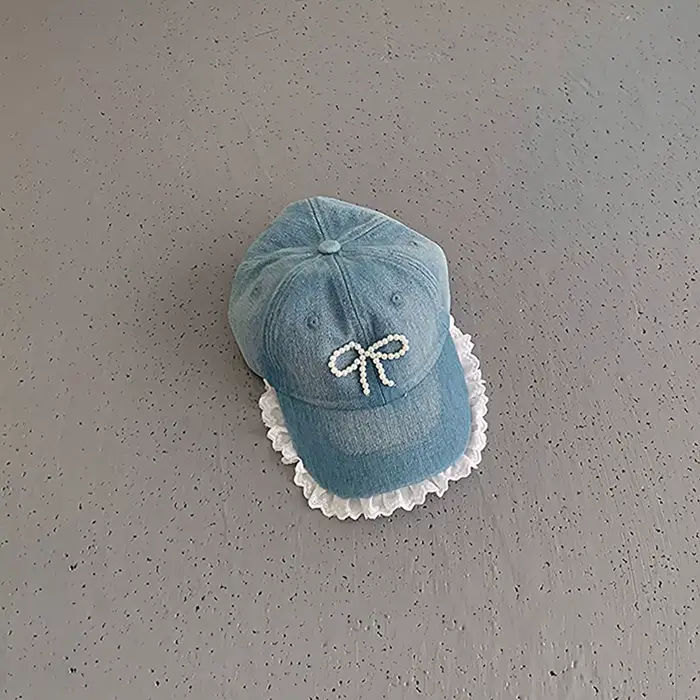 Casquette de baseball en jean bleu pour fille princesse, avec nœud perlé, visière en dentelle blanch