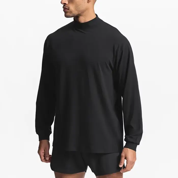 T-shirts de course à manches longues surdimensionnés pour hommes col roulé épaule tombante sport ample Fitness t-shirt