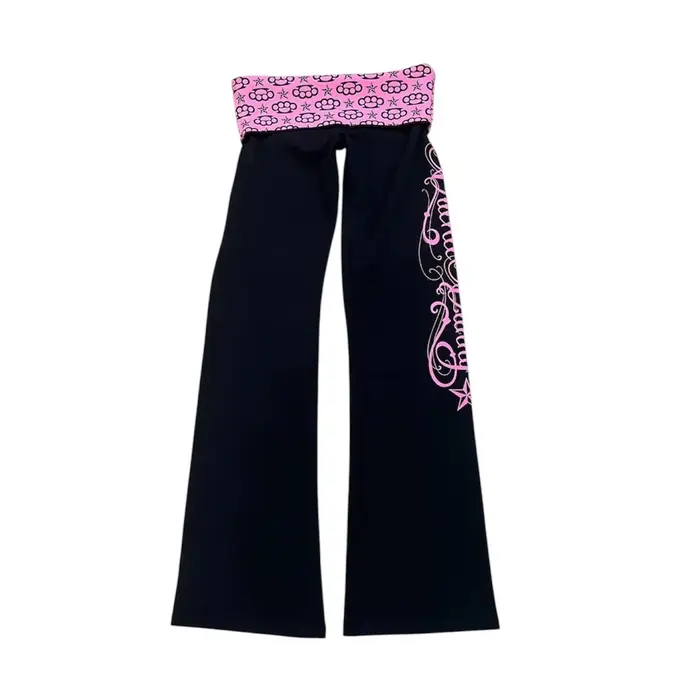 Pantalon évasé Y2K noir et rose, style décontracté, imprimé sur la taille, coupe ajustée, avec motif