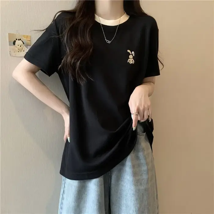 T-shirt à manches courtes pour femmes, ample et polyvalent, tendance, marque brodée, haut à manches 