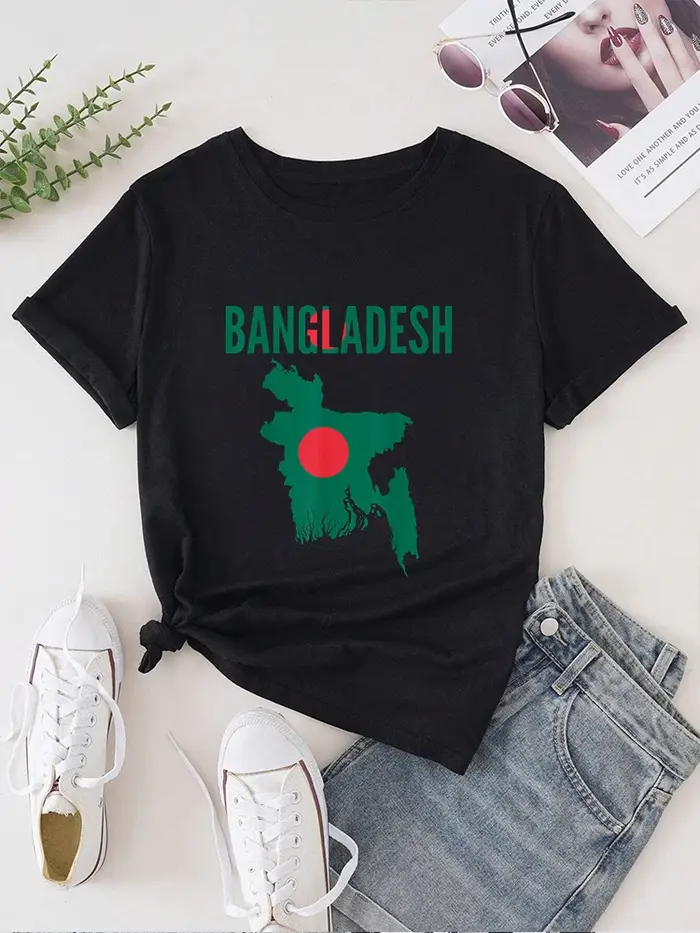 T-shirt manches courtes col rond femme, estival et décontracté, avec impression de carte du pays du 