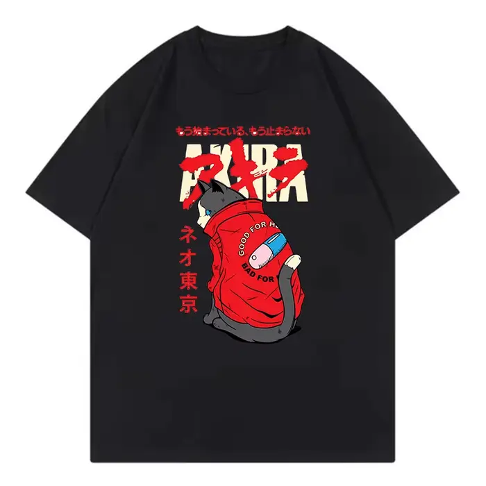 T-shirt drôle pour hommes et femmes, Anime japonais Akira Tokyo Cat, col rond, manches courtes, Hip 