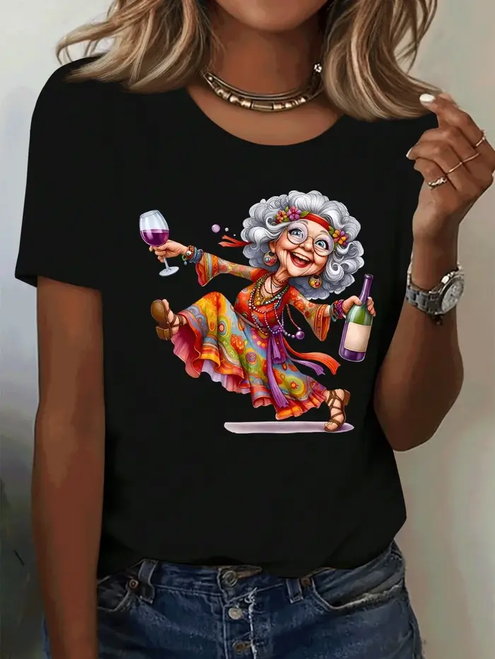 T-shirt élégant à manches courtes pour femme avec imprimé graphique Granny