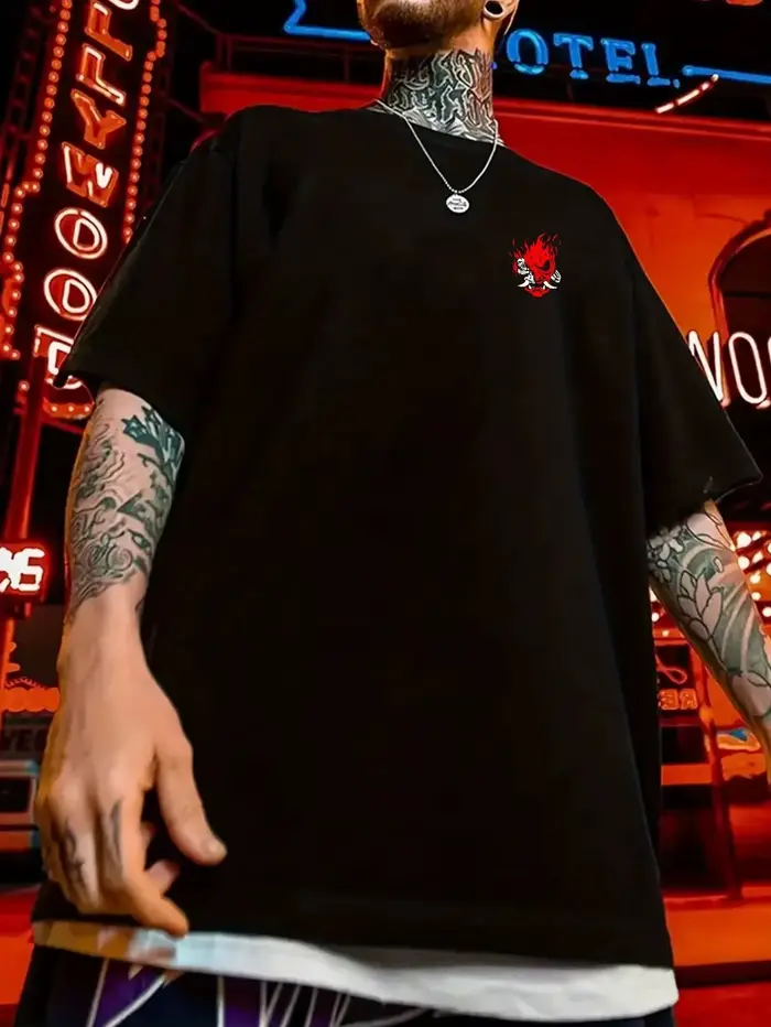 T-shirt pour homme à motif samouraï japonais - Noir avec imprimé flamme rouge au dos
