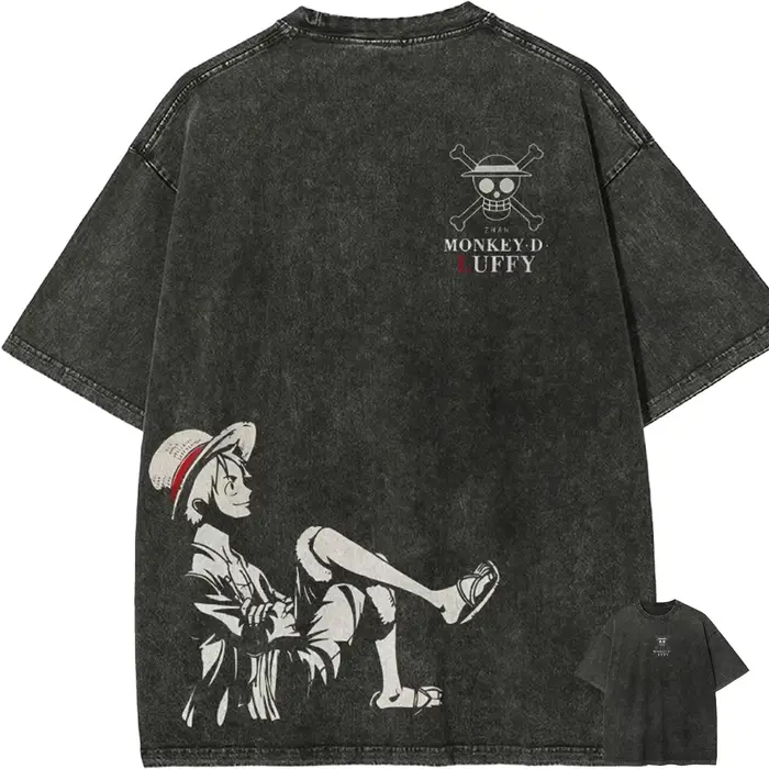 T-shirt Monkey D. Luffy pour homme, One Piece, effet délavé, motif anime, coton, streetwear vintage,