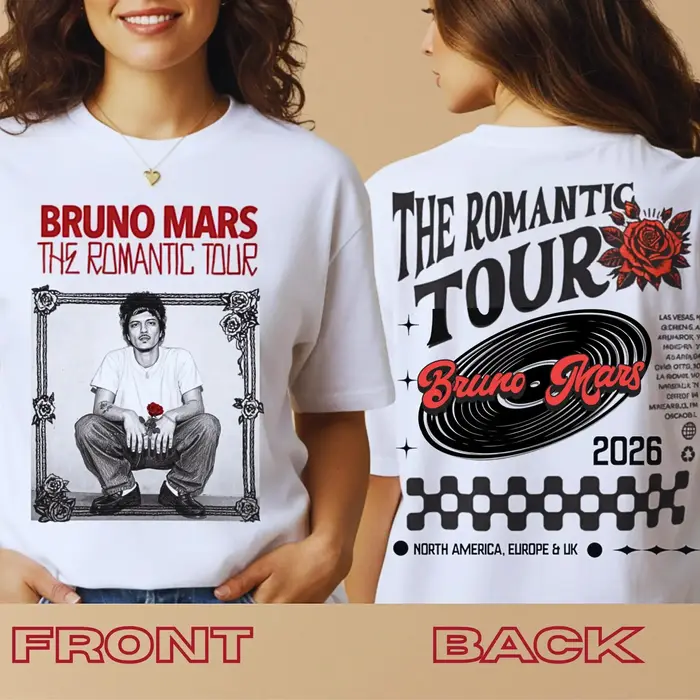 T-shirt de la tournée romantique de Bruno Mars 2026, date de la tournée sur le dos, t-shirt en coton
