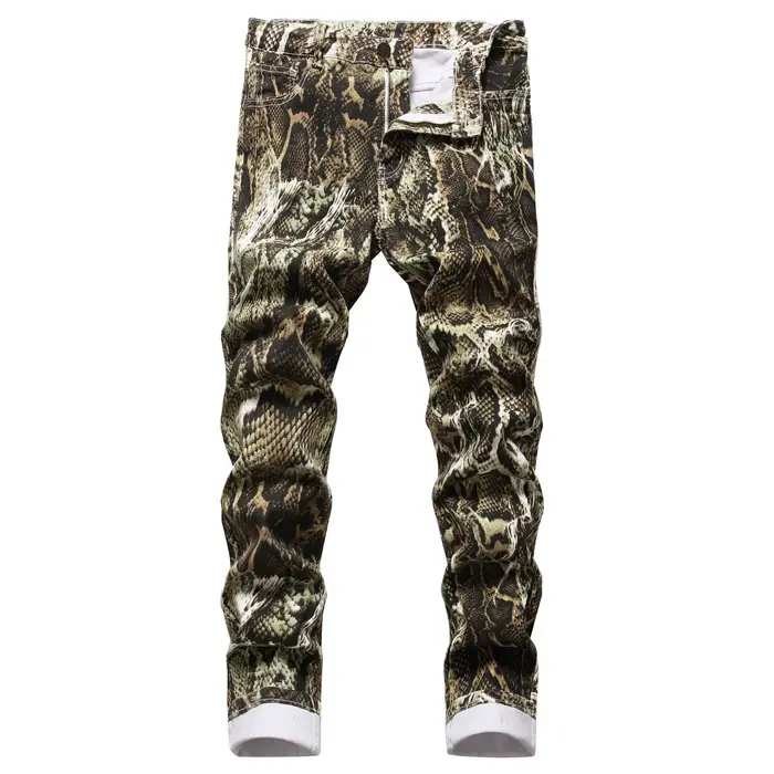 Jean pour hommes Hip Hop imprimé peau de serpent crayon pantalon coupe ajustée couleur Stretch taille moyenne lavé