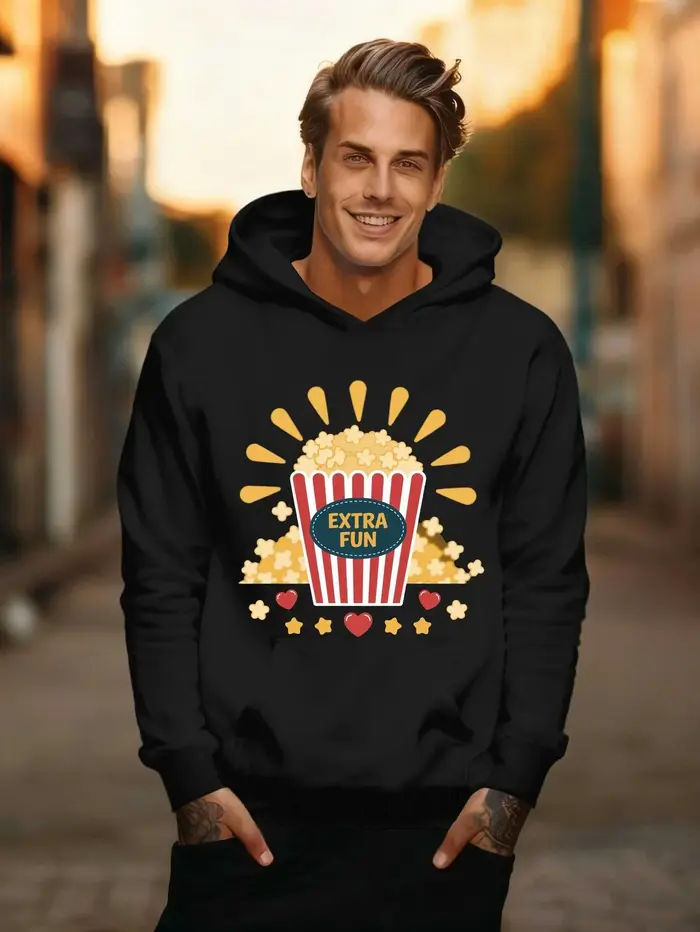 Sweat à capuche décontracté pour homme avec motif seau de pop-corn